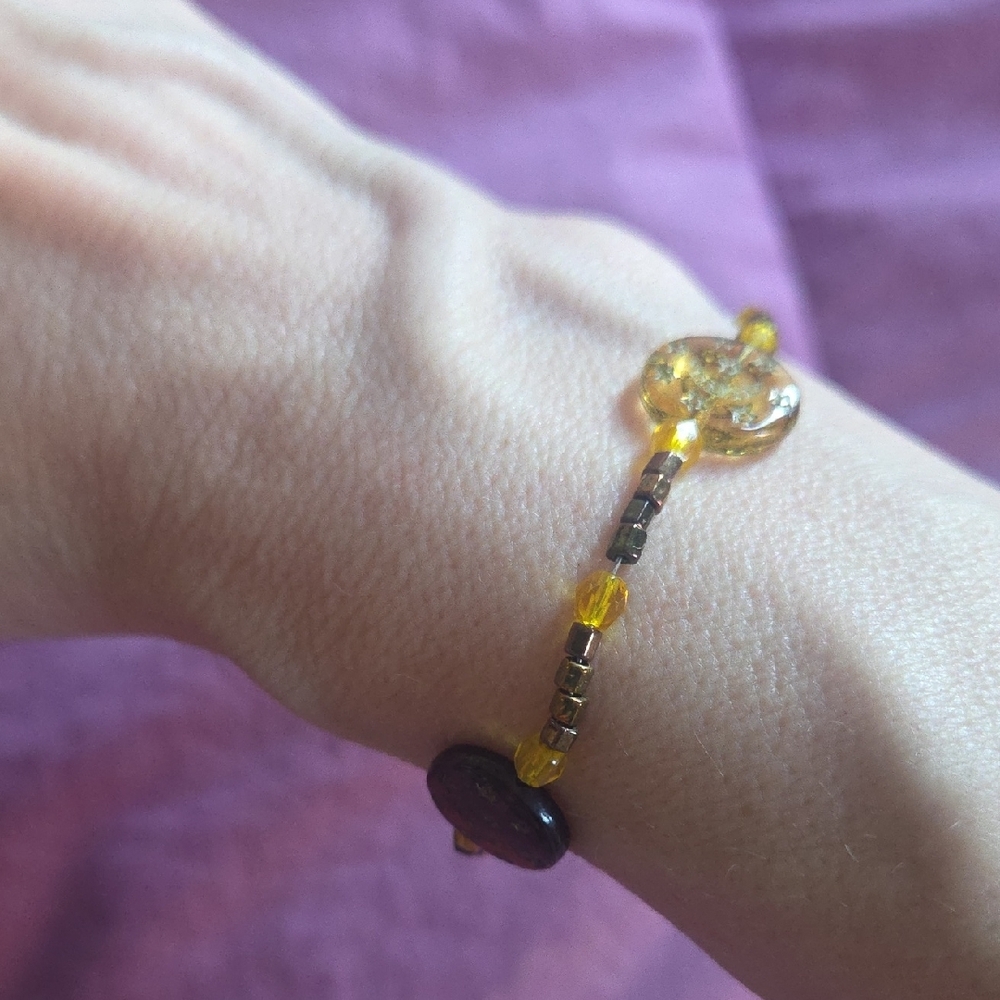 Handmade Gold and Brown Beaded 7" Bracelet with Boho Moon & Stars Design